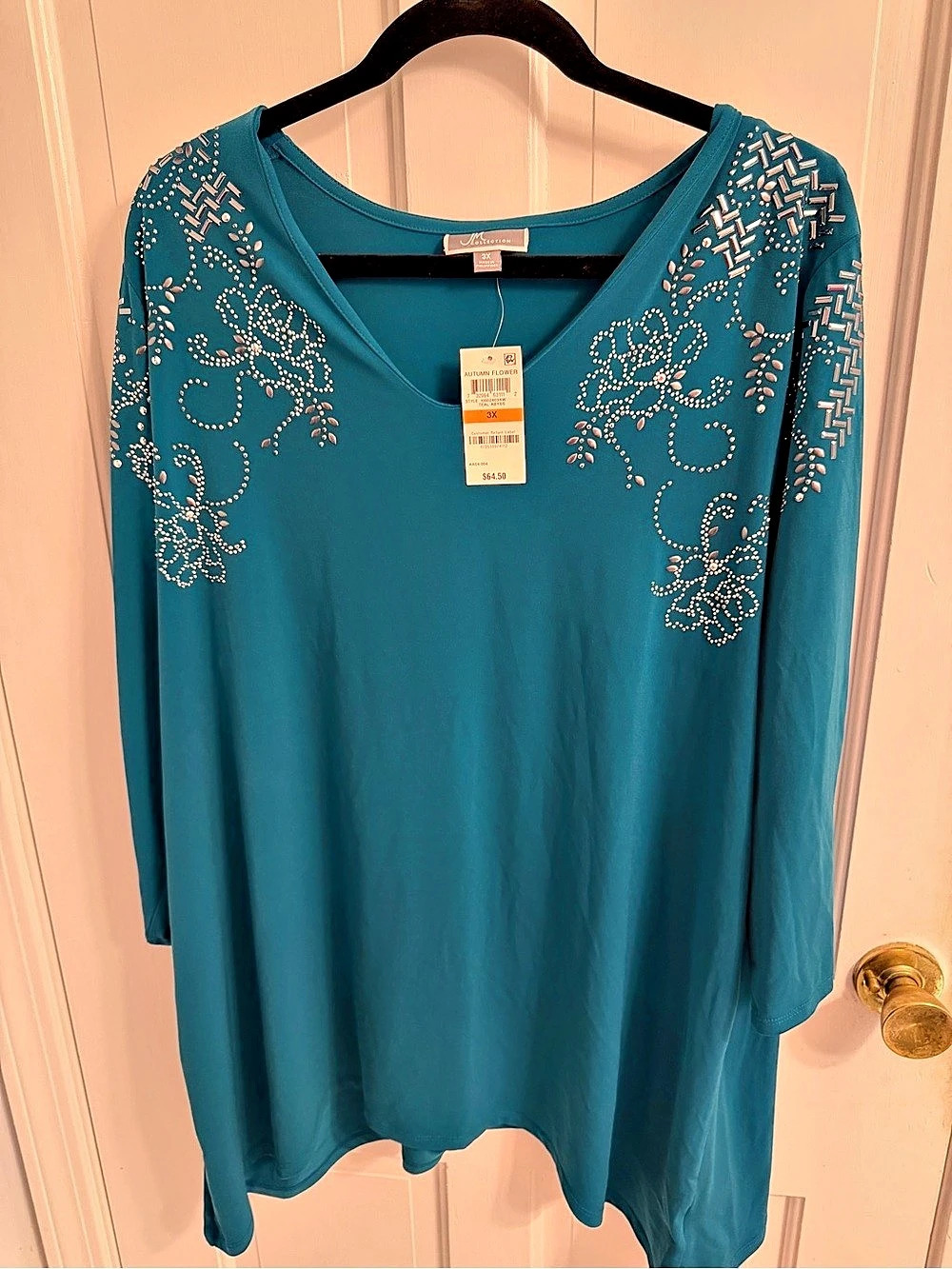 JM Collection Autumn Flower Embellished Tunic in Blue 3X NWT